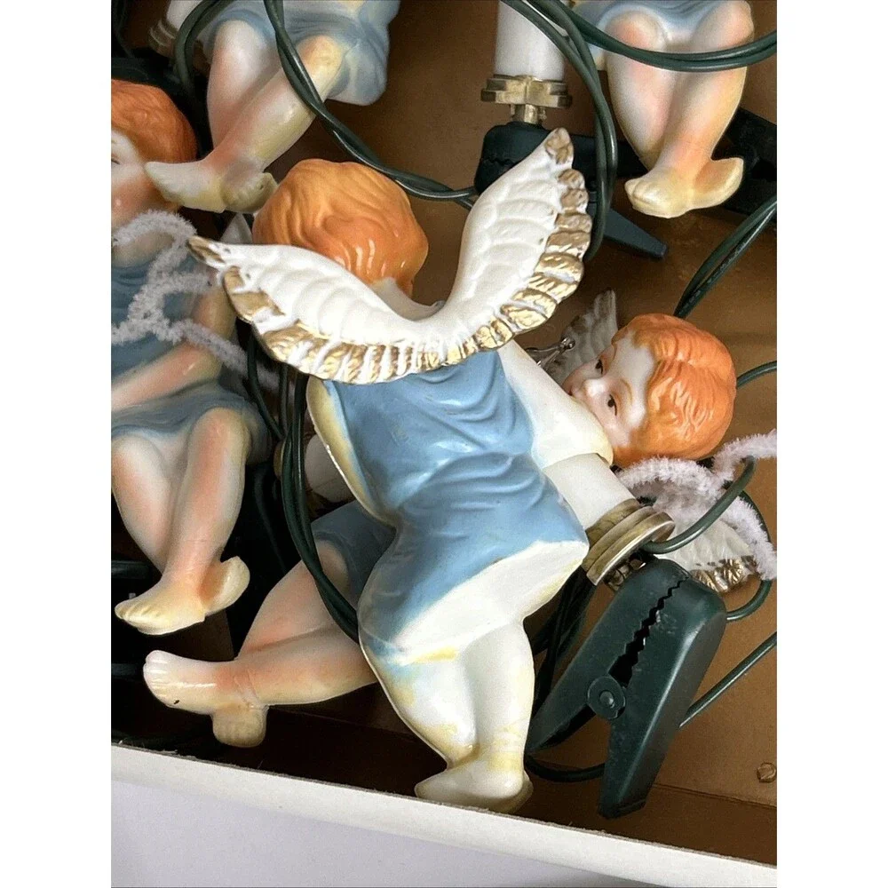 Silvestri Christmas String Light Angel Cherubs 10 Blow Mold Candle & Clips READ
